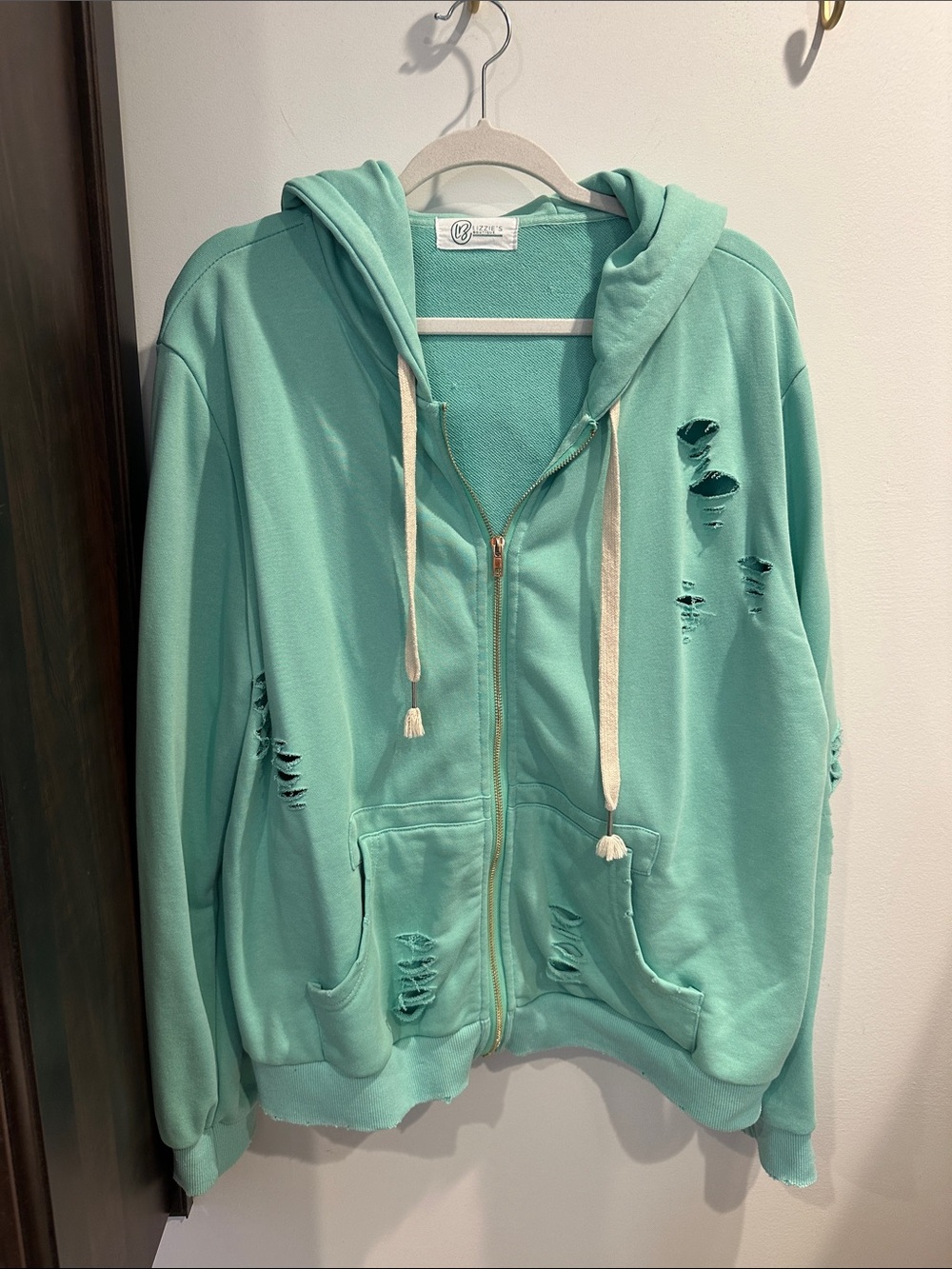 Mint Distressed Zip-Up Hoodie with Drawstrings